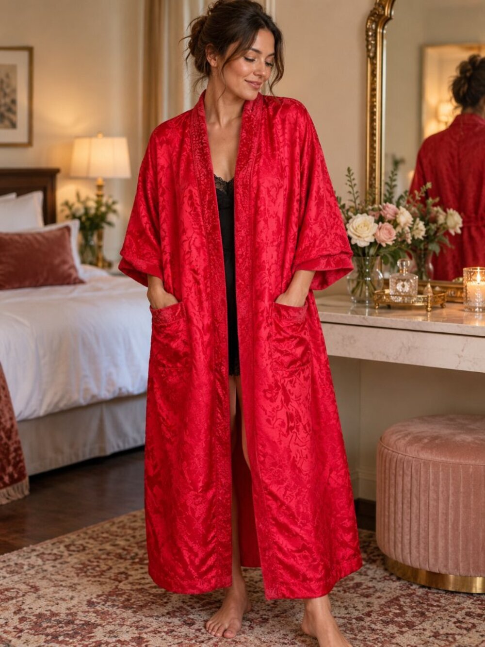 Victoria's Secret Robe S Gold Label Vintage Red Satin Terry Pockets Hollywood